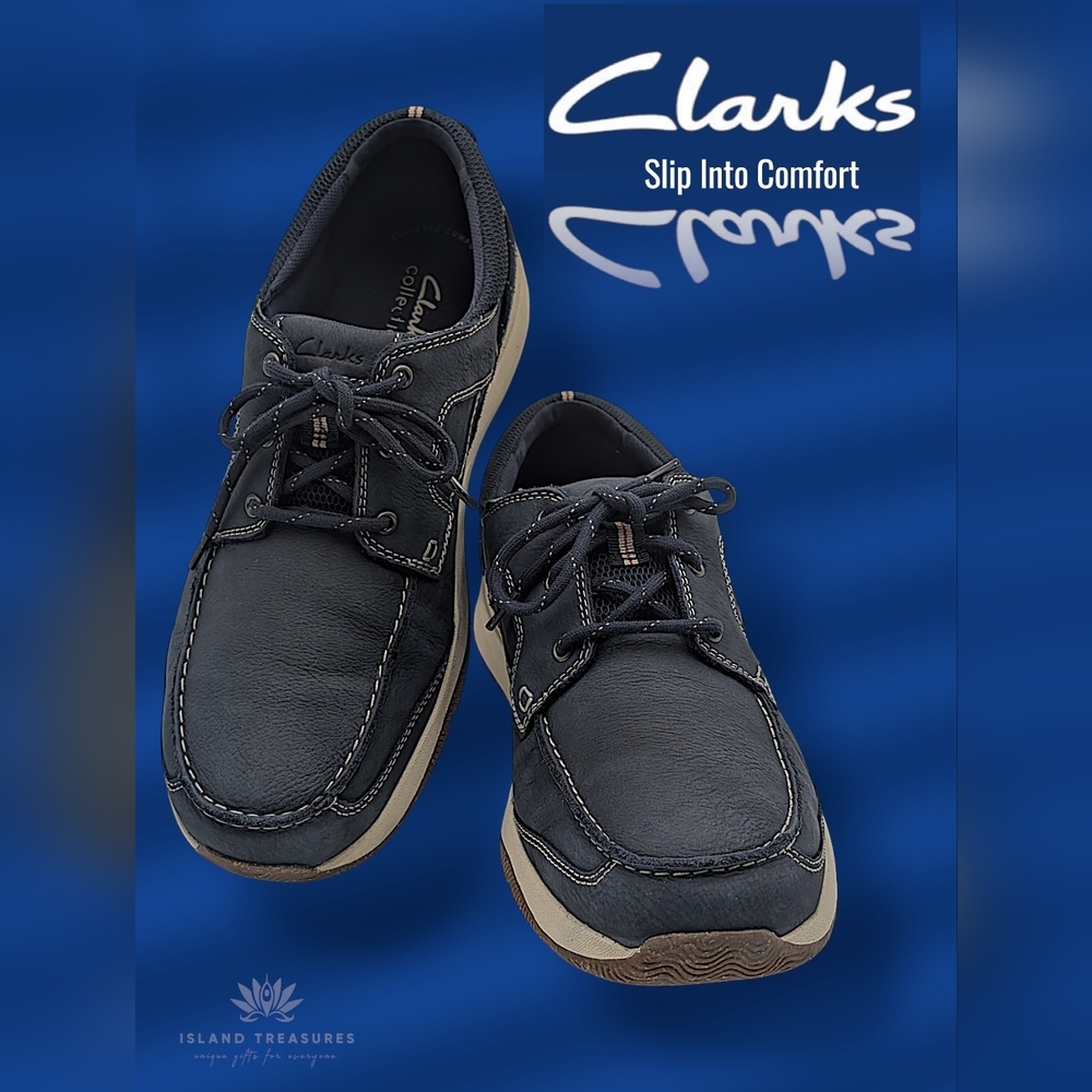Clarks Sailview Lace Sz 11W Men Navy Nubuck Premium Leather Shoes Slip Resistant